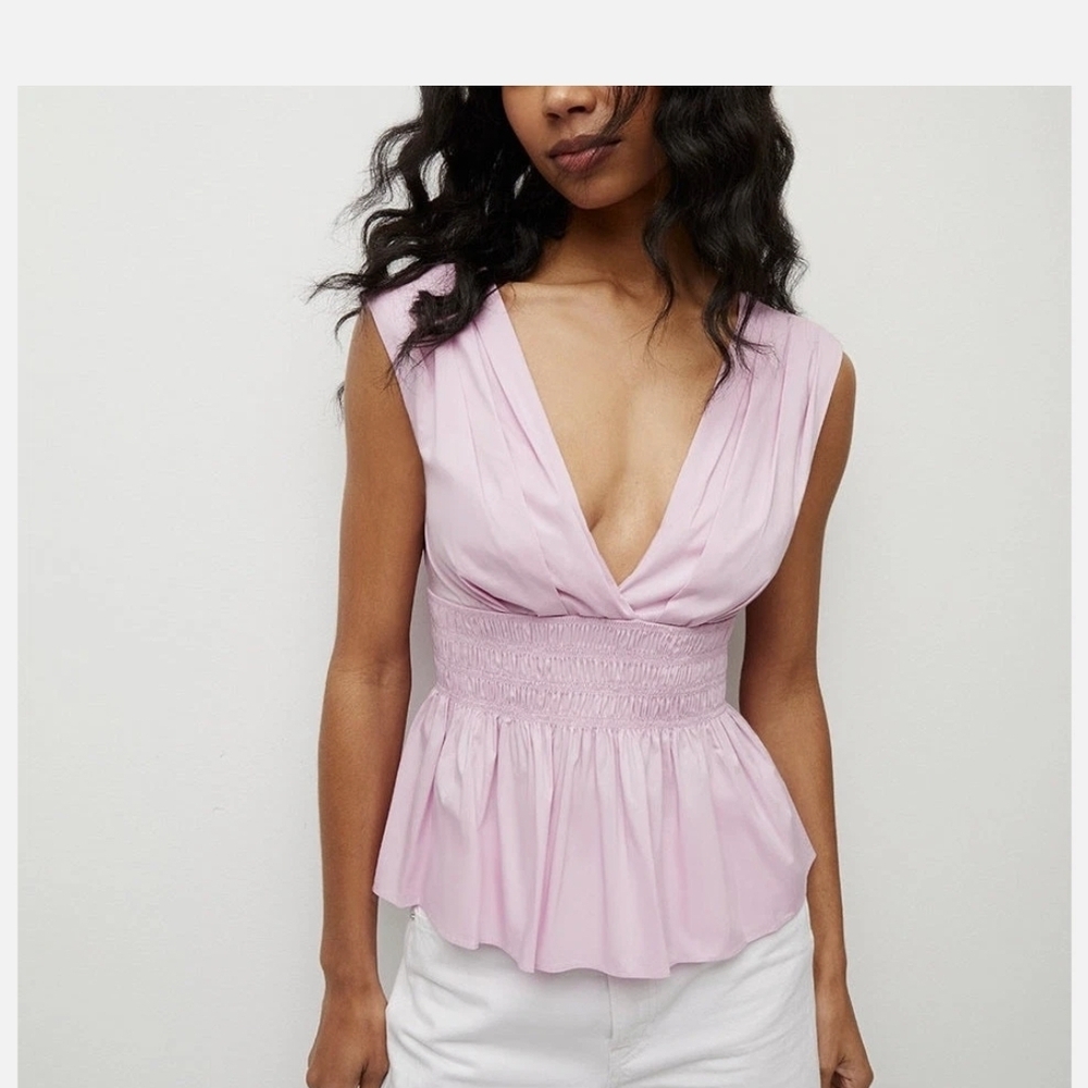 NWT Veronica Beard Pink V-Neck Evra Peplum Blouse. Size 12